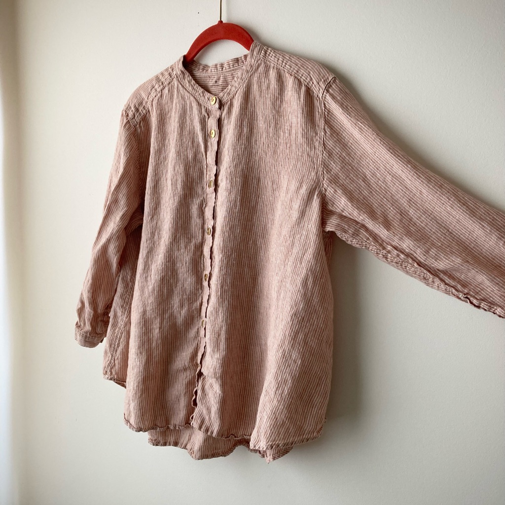 Muji 100% Linen Pintuck Pinstriped Blouse Top Mandarin Collar Cropped Sleeves S